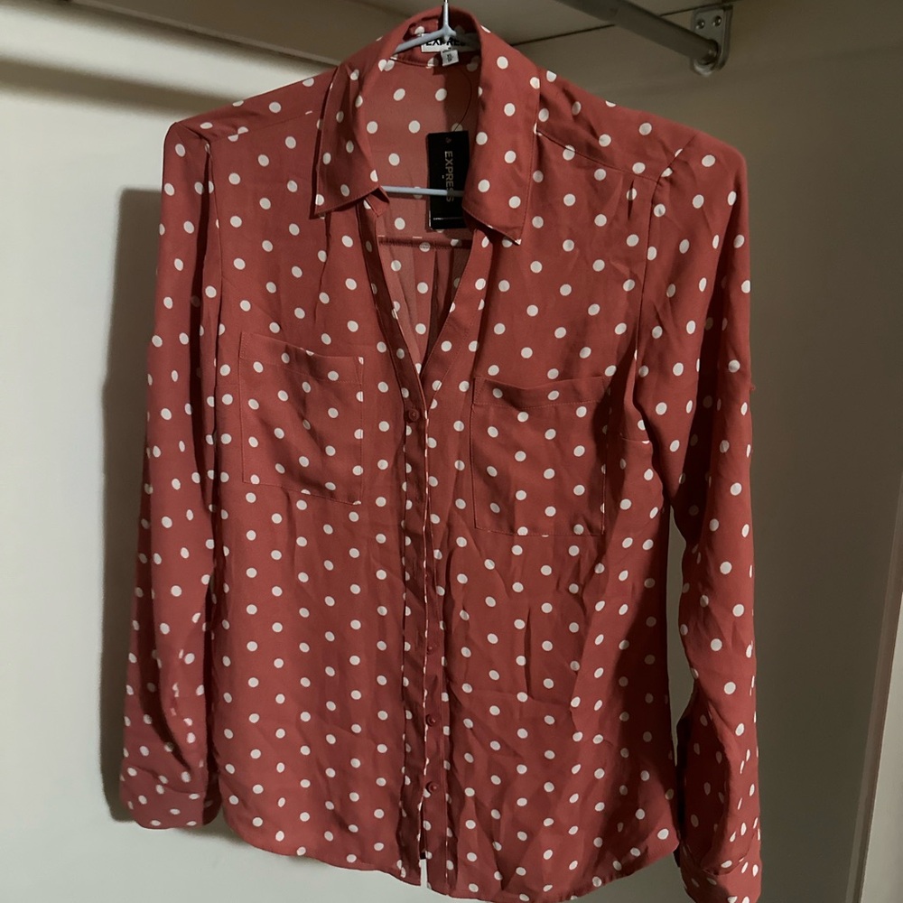 Express coral Polka Dot Button-Up Blouse